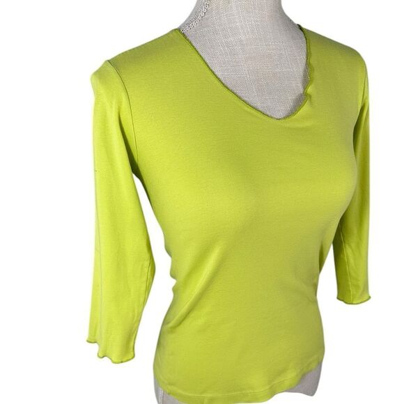 Longchamp Paris Chartreuse Green V Neck 3/4 Sleeve Casual Basic Top - Picture 2 of 7